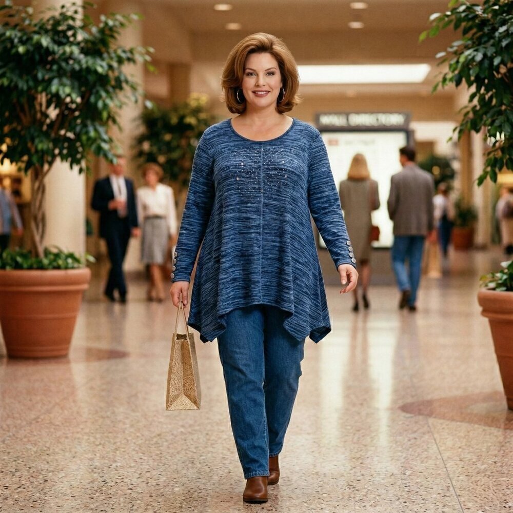 Live and Let Live 2X Woman Blue Embellished Tunic Boho Flowy Top Casual Blouse